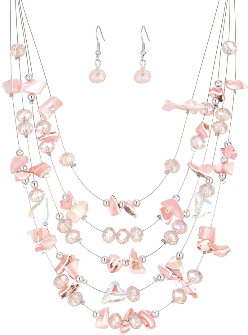 Errally Store Multi-Layer Boho Shell Beaded Necklace for Women Colorful Crystal Strand with Silver Beads Statement Collars Necklace and Earrings Costumes Jewelry Sets for Women - Image 1